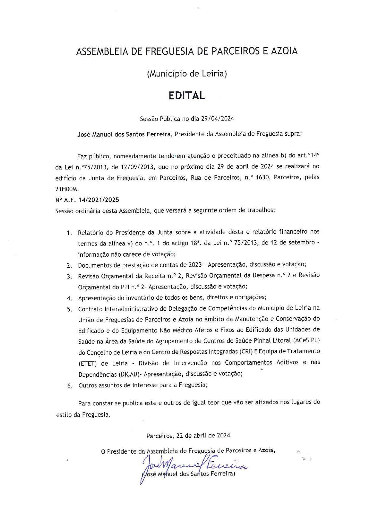 Notícia Edital n.º 14 -2021-2025 Convocatória Assembleia Freguesia